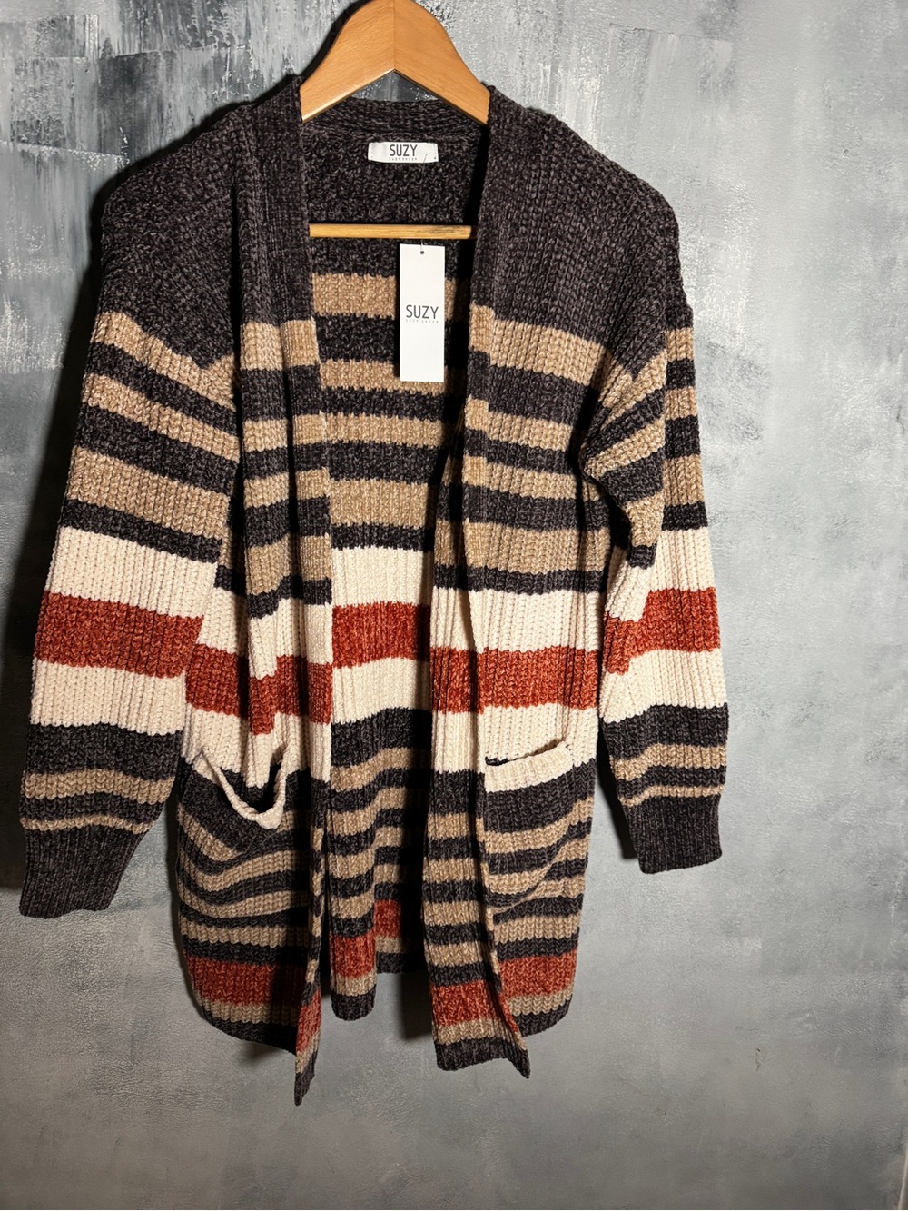 NWT Open-Front Striped Cardigan Sweater in Brown, Cream & Rust